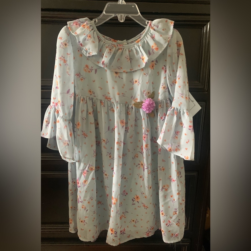 Light Blue Floral Ruffle Collar Girls Casual Dress
